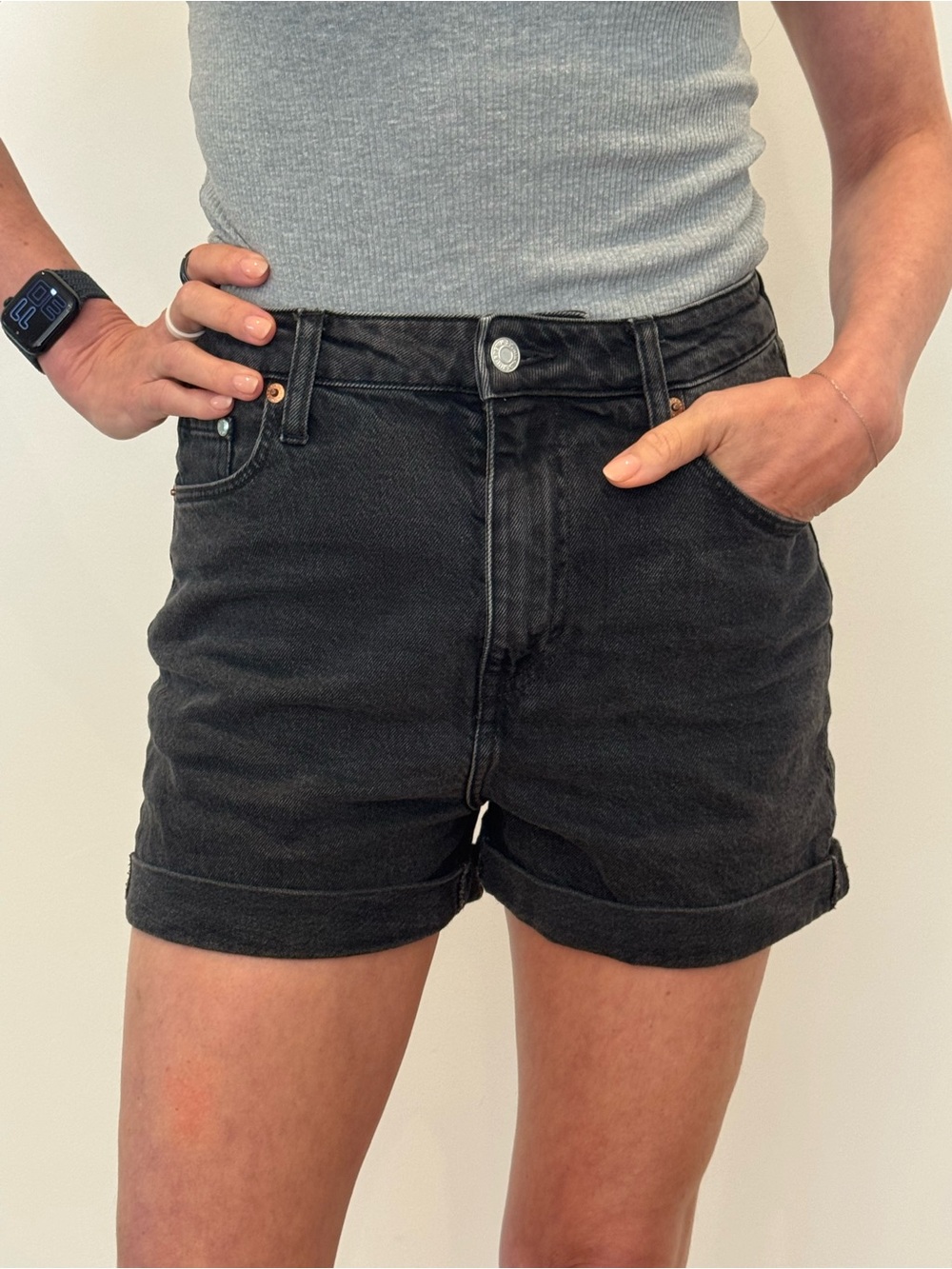 H&M Black High-Rise Rolled Hem Denim Shorts